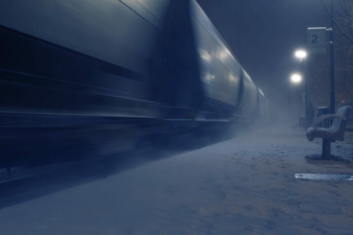 Passing cargo train in blurred motion at train station on a winter night